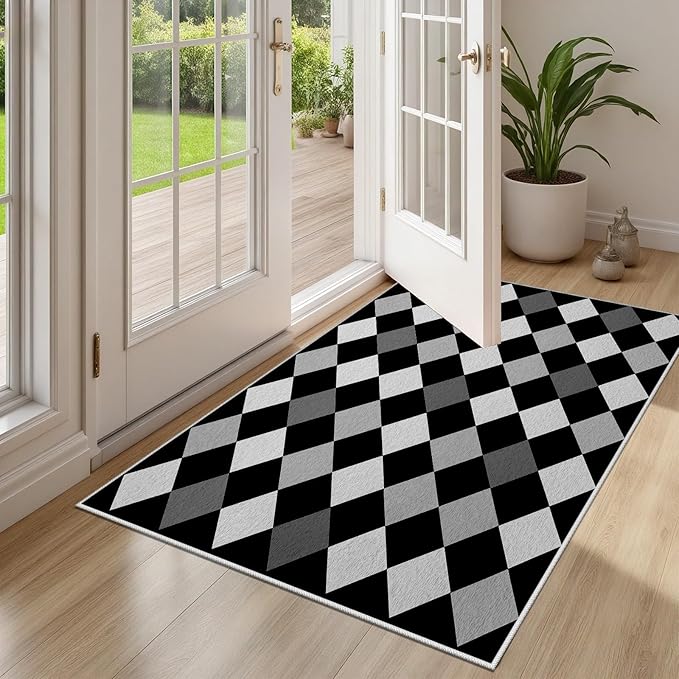 Black and White Rug 3x4, Rhombus Geometric Soft Ultra Soft Faux Wool Low Pile Rug, Indoor Floor Mats Carpet, Non-Slip Stain Resistant Washable Rugs, Modern Abstract Checkered Rugs for Living Room