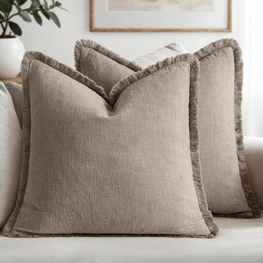 MIULEE Decorative Throw Pillow Covers Neutral Linen Fringe Throw Pillows Euro Shams Set of 2 Dune Boho Farmhouse Cushion Covers for Couch Sofa Bed Living Room Spring Home Decor 24x24 Inch