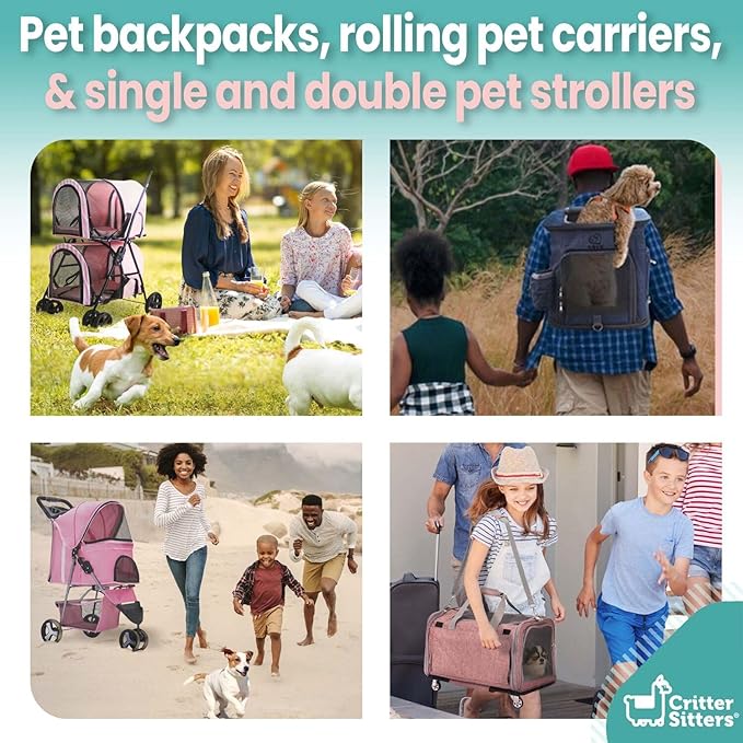 Critter Sitters Grey Foldable Pet Stroller for Small Dogs/Cats with Breathable Scratch Resistant Mesh Windows, Cup Holders, Storage Pockets, Lockable Wheels, Safety Leash, Animal Stroller