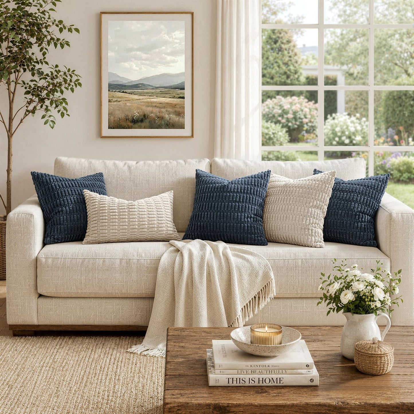 MIULEE Pack of 2 Corduroy Decorative Throw Pillow Covers 20x20 Inch Soft Boho Striped Pillow Covers Modern Farmhouse Home Decor for Summer Coastal Sofa Living Room Couch Bed Blue