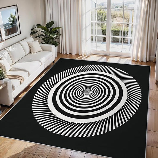 Black and White Circle Rugs for Home Decor, 8x10 ft, Abstract Op Art Area Rugs for Living Room, Soft Non Slip Washable Modern Geometric Carpet Bedroom Decorations Dt-Ghf-31