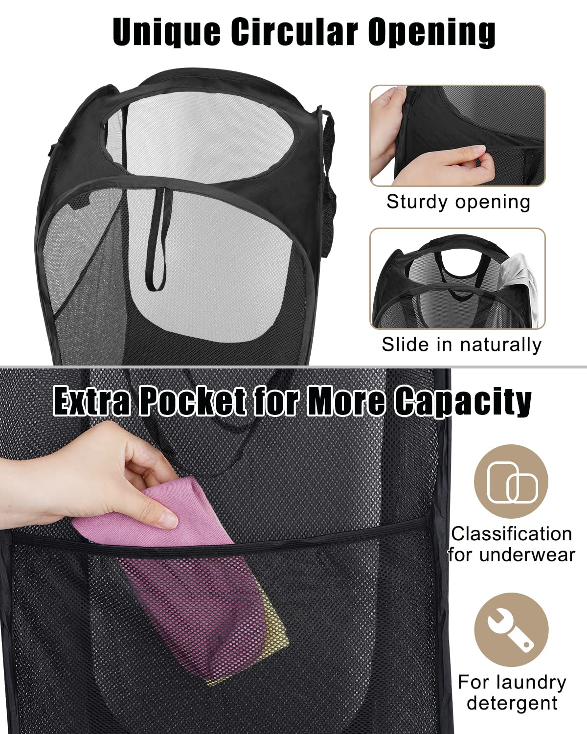 2 Pcs Strong Mesh Pop up Laundry Hamper,House Again Collapsible Laundry Basket with Durable Handles Solid Bottom High Carbon Steel Frame, Space-Saving, Easy to Open and Fold Flat for Storage(Black)