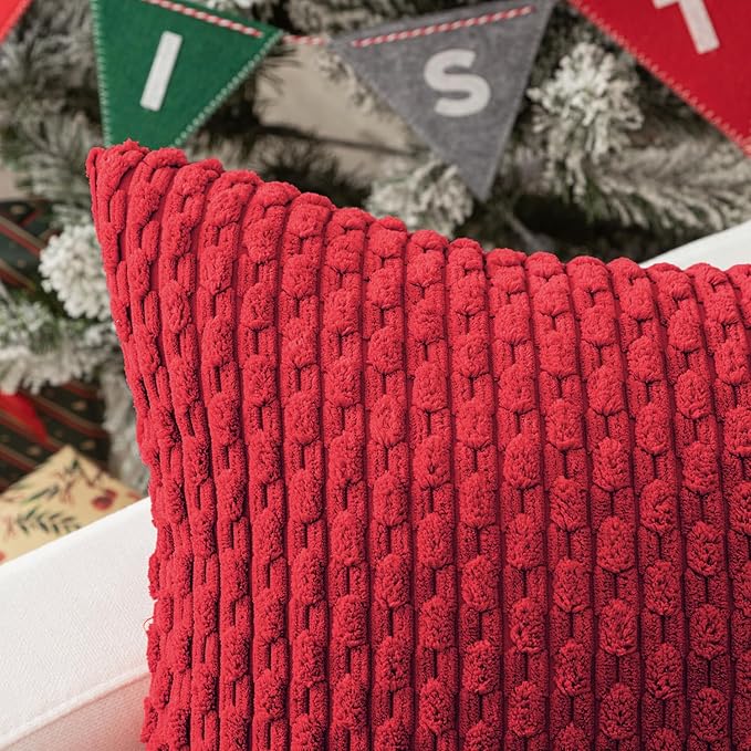 Kevin Textile Christmas Red Corduroy Decorative Throw Pillow Covers 24x24 Inch Pack of 2 Soft Boho Striped Pillow Covers Modern Farmhouse Home Decor for Autumn Sofa Living Room Couch Bed