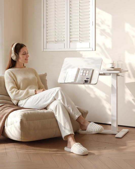 FLEXISPOT Adjustable Height C-Shaped End Table with Split Tilting Top – Mobile Side Table for Sofa & Bedside, Slides Under Furniture, Hidden Wheels for Small Spaces(31.6" W x 15.7" D,White)