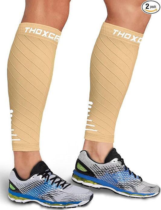 Thoxcare Calf Compression Sleeve for Men Women (2 Pairs), Leg Support Footless Compression Socks for Running - Shin Splint Varicose Veins Swelling & Pain Relief, Beige/White, Small