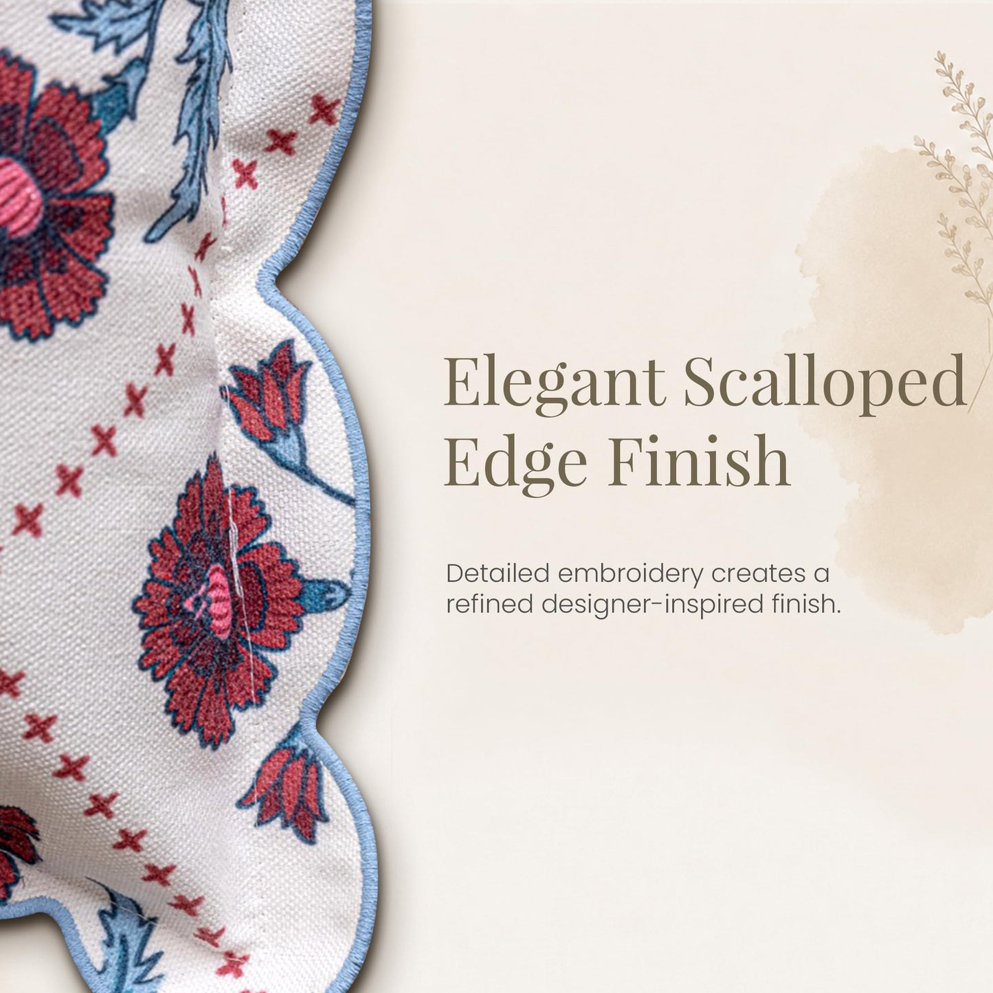 DrapePalette - Scalloped Throw Pillow Covers with Block Print Floral Patterns and Hidden Zipper - Crimson, 20 x 20 Inches Pack of 1 - Soft Indoor Pillow Case for Livingroom, Bedroom, or Lounge
