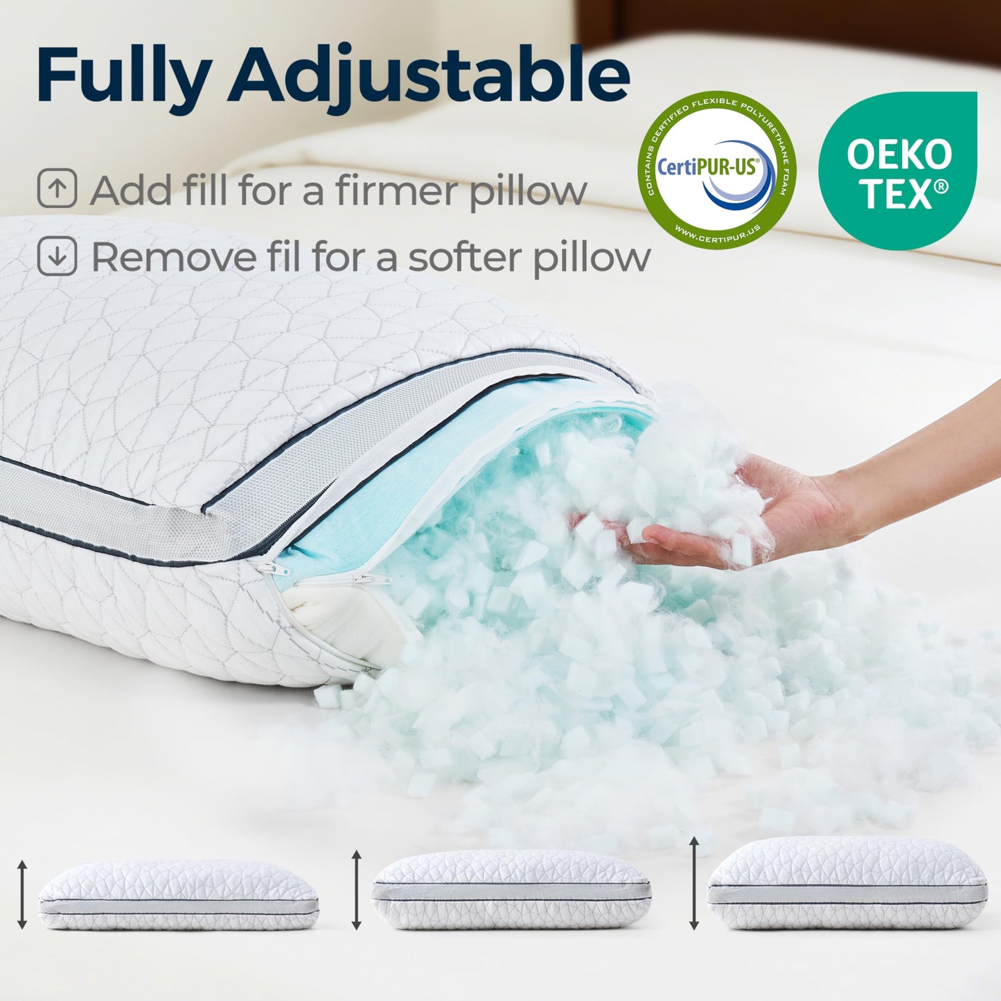Cooling Pillow with Shredded Memory Foam for Sleeping, 20x30 Adjustable Bed Pillow with Cool & Bamboo-Derived Rayon Side, Firm Pillow with Cooling Gel for Hot, Back, Stomach or Side Sleeper (Queen)