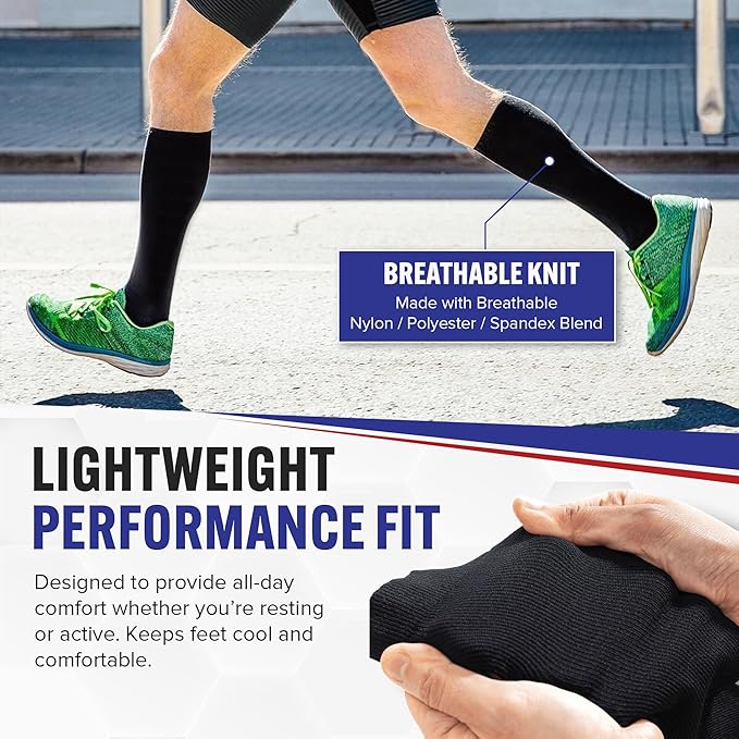 American Hospital Supply Knee High Compression Socks | 15 - 20 mmHg Black Large Lighweight Compression Stockings | Pack of 3 Pairs Therapuetic Support Socks