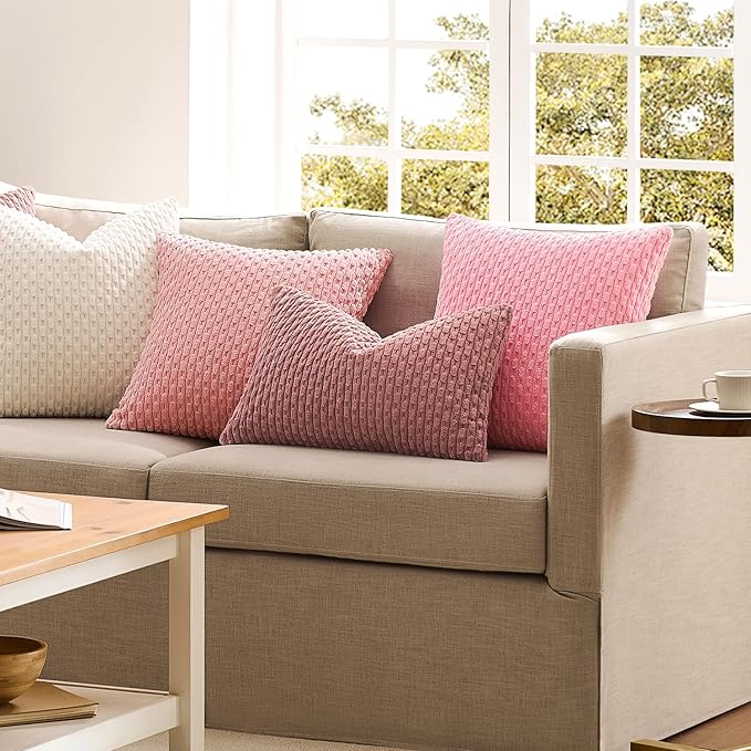 Kevin Textile Valentines Day Decorative Pillow Covers Set of 2 Striped Plush Corduroy Pillows Pillowcases Boho Home Decor Cushion Covers for Couch Sofa Bed Living Room 24x24 Inch, Dark Pink