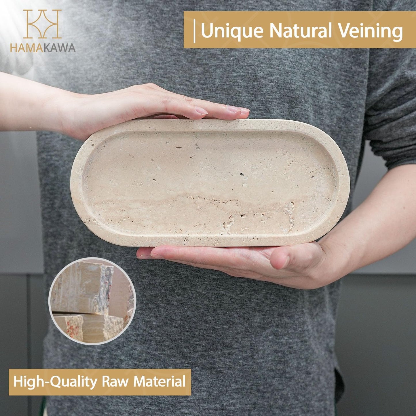 HAMAKAWA Turkish Natural Marble Vanity Tray, Oval Bathroom Tray 10 inch, Beige Travertine Perfume Trays, Vanity Organizer for Soap, Kitchen, Home Decor