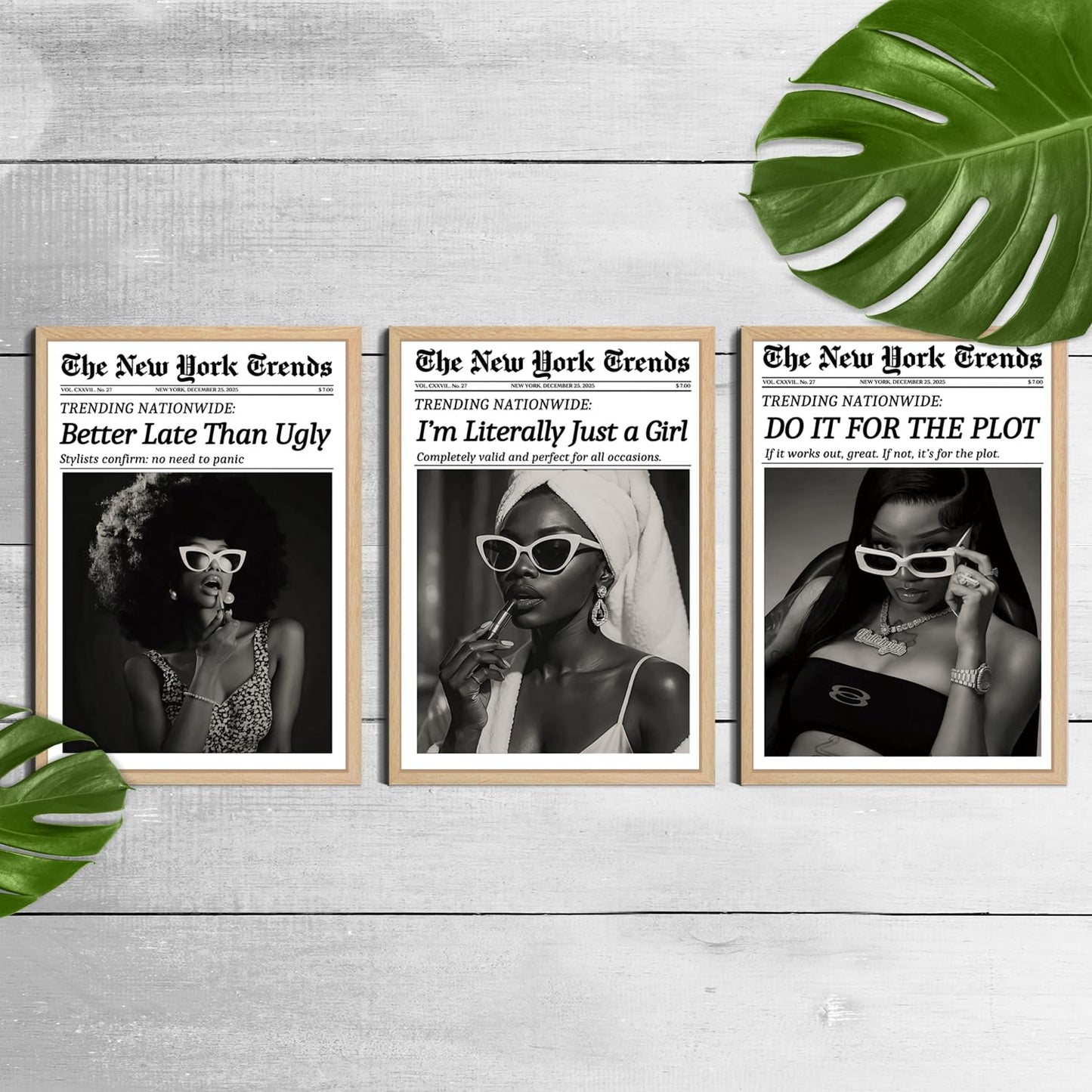 Fashion Wall Art Canvas Print Set of 3 Framed Poster Picture Modern Artwork Wall Decor Black and White Woman Canvas Artwork Poster Wall Art 12x16 Inch for Bedroom Living Room