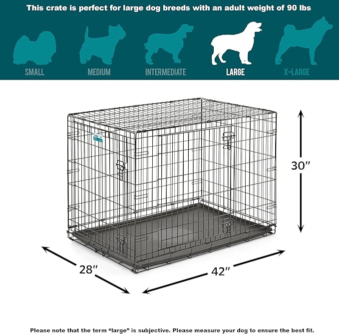 MidWest Homes for Pets 42-Inch Two-Door iCrate Folding Dog Crate with Divider Panel, Leak-Proof Tray & Secure Latches – Metal Wire Kennel for Large Breeds – Portable, Durable & Easy to Assemble