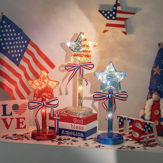 Glasseam 4th of July Decorations Centerpiece: 3PCS Memorial Day Decorations for Table Red White and Blue Lights with Timer Mercury Glass Patriotic American Flag Stars Lights for Home Party Ornaments