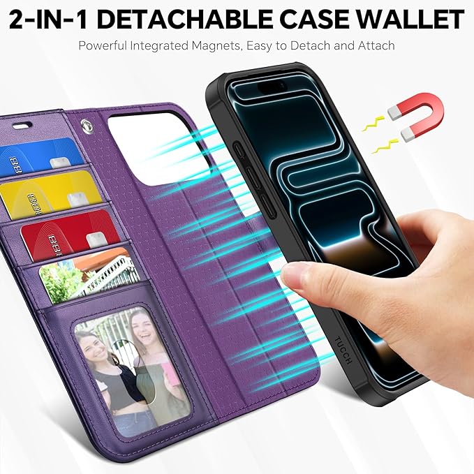 TUCCH 2-in-1 Removable Wallet Case for iPhone 17 Pro Max (6.9") 2025, Wireless Charging | RFID Blocking 4 Card Holders | Wrist Strap | Kickstand | Magnetic | PU Leather Protective Cover | Deep Purple