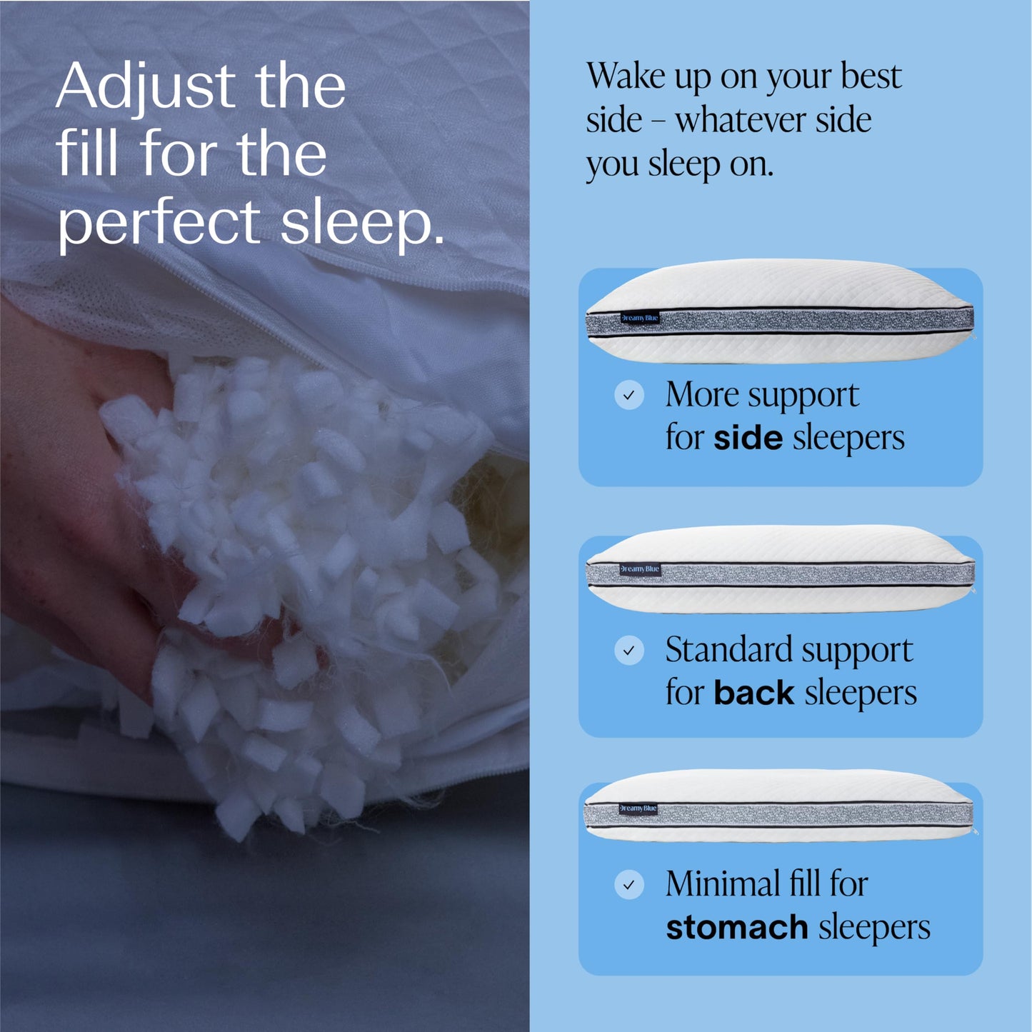 DreamyBlue Gusseted Sapphire Pillow • Adjustable Loft, Luxury Cover, Shredded Memory Foam Fill w/Airflow Beads •Ideal for Wide Shoulders •Neutral Alignment for All • CertiPUR-US Certified Foam (King)