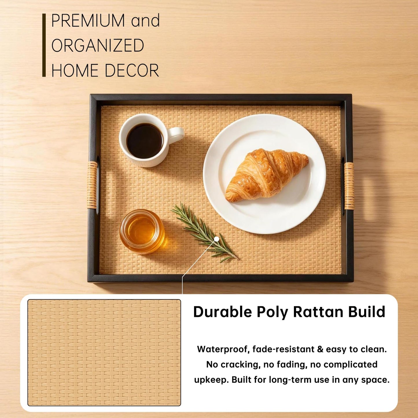 HuiDao Decorative Tray, Serving Tray with Handles, Solid Wood and Faux Rattan Woven Serving Tray, Rustic Rectangle Ottoman Tray for Coffee Table, Ottoman, Dining Serving & Home Decoration