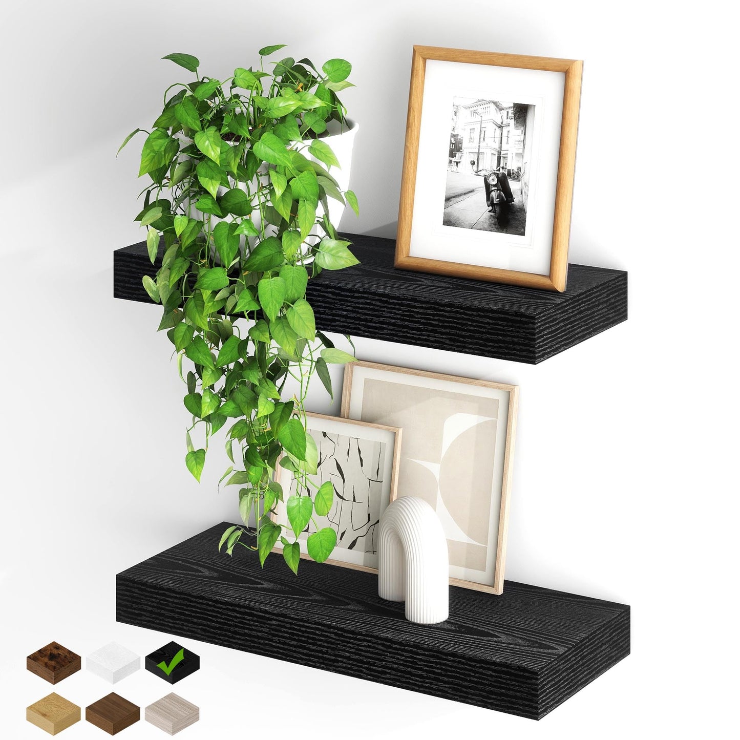 Fun Memories Floating Shelves for Wall, 20Inch Floating Shelves Set of 2, Hanging Shelf with Invisible Brackets, Wood Shelves for Living Room, Bedroom, Kitchen, Black