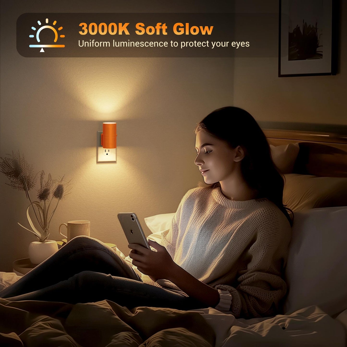 JandCase Night Lights Plug into Wall, Dimmable Night Light Plug in with Orange Shade, Modern Night Lights with Dusk to Dawn Sensor, Soft White 3000K, 0-100LM Nightlight for Hallway Bedroom, 2 Pack