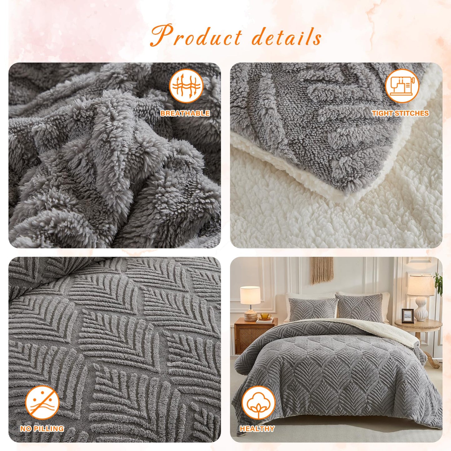 Gray Fluffy Sherpa Queen Size Blanket, Fuzzy Cozy Soft Faux Fur Bed Blanket with Pillowcases, Shaggy Velvet Thick Warm Plush Bedding for Winter (Grey, 88x88 inches + 2 Pillowcases)