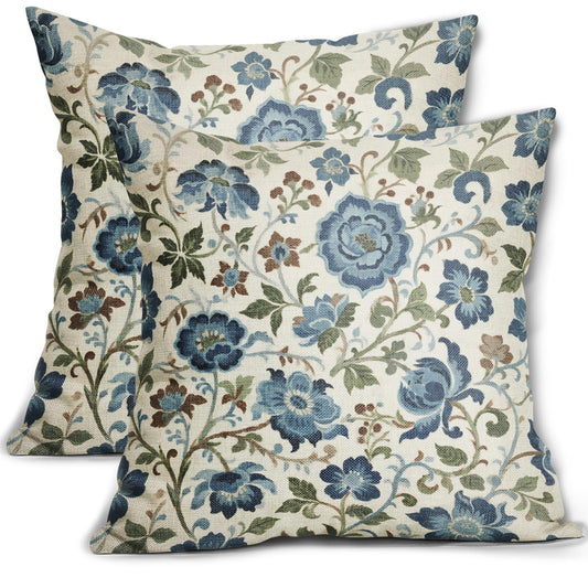 Blue Sage Green Floral Pillow Covers 18x18 Inch Set of 2 Spring Chinoiserie Farmhouse Vintage Flowers Decorative Throw Pillowcases Outdoor Cushion Cases Antique Seasonal Decor for Sofa Couch Bed