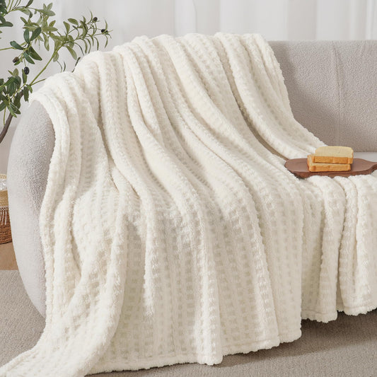 David's Home Ultra Soft Fleece Blanket Queen Size for Bed, Plush Shaggy Fluffy 3D Jacquard Waffle Throw for Couch, Warm Lightweight for Fall Winter,Fuzzy Aesthetic Room Decor,90x90 inches,Cream