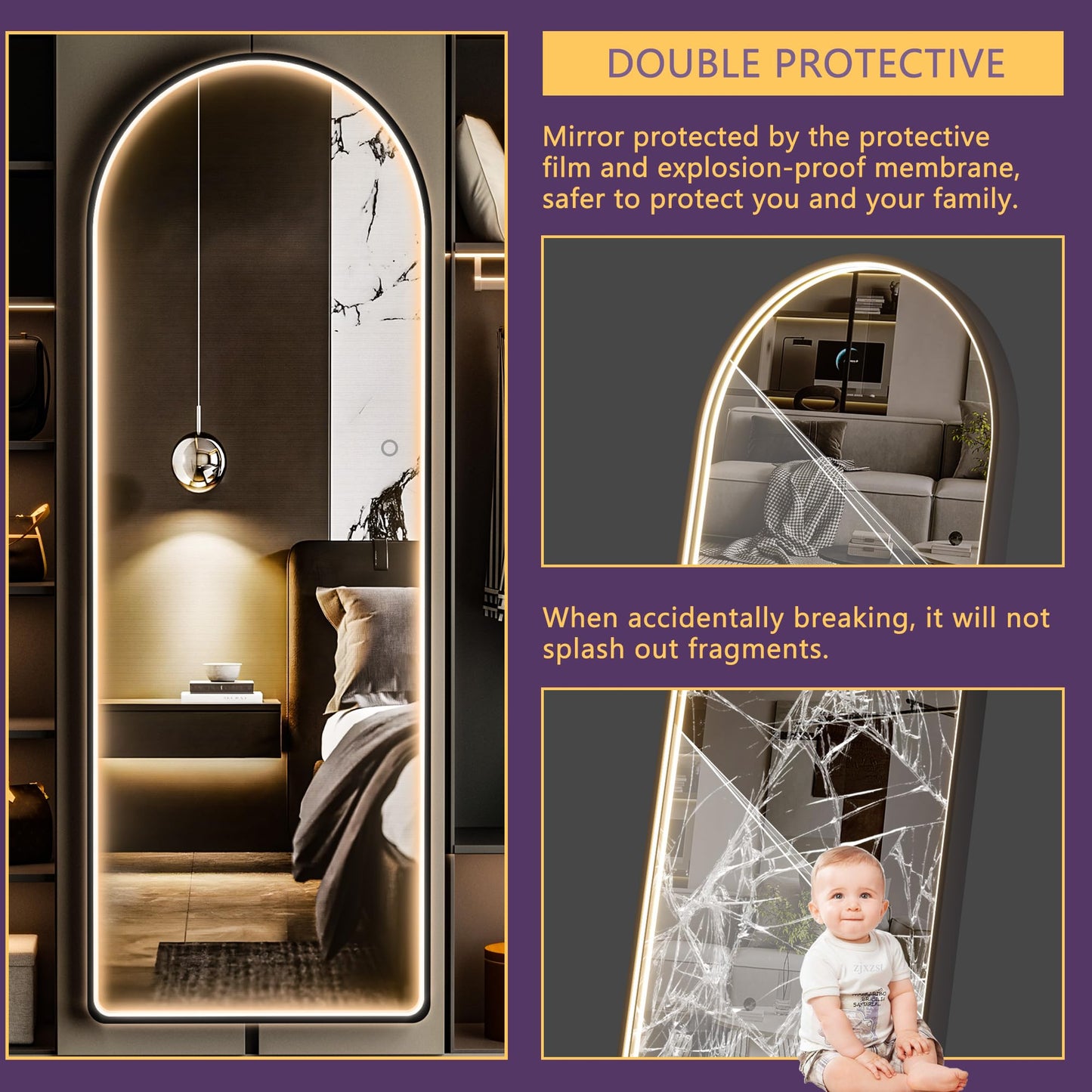 Hasipu Arched Full Length Mirror with Lights, 56" X 16" Lighted Full Body Mirror with Stand, Dimming 3 Colors & Brightness Adjustable, Bedroom Cloakroom Living Room, White Modern Arch Metal Frame