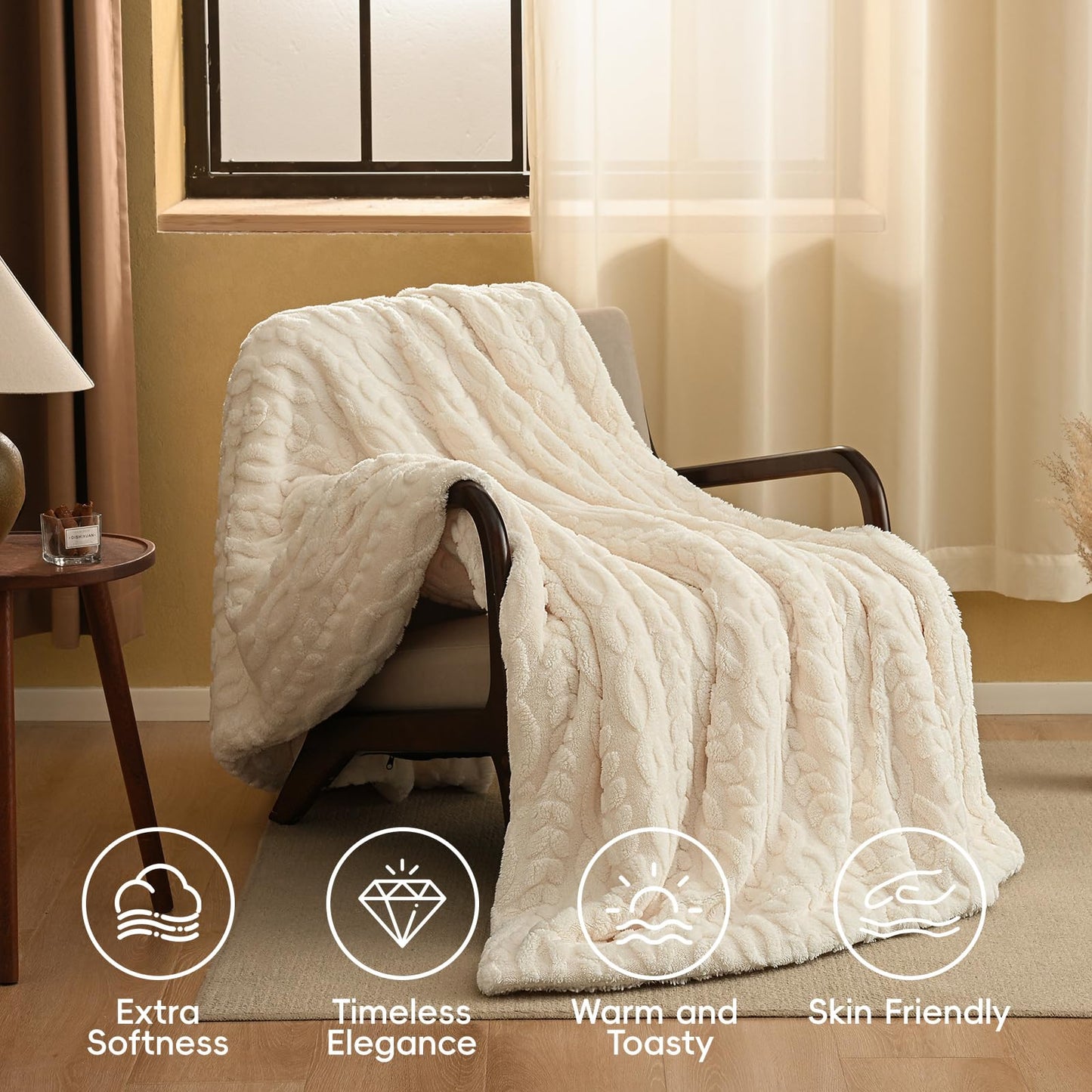 PHF Ultra Soft Sherpa Fleece Blanket Queen Size 90" x 90", 510GSM Fleece Lightweight Yet Warm Blanket for Winter Bed, No Shedding, No Pilling, Tufted Jacquard for Luxury Home Decor, Natural Cream