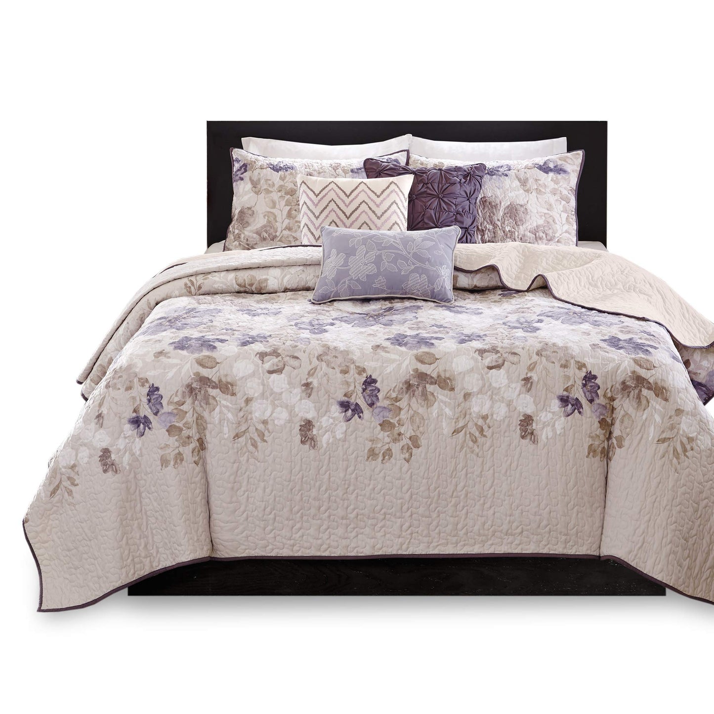 Madison Park Luna Quilt Modern Classic Design All Season, Breathable Coverlet Lightweight Bedding Set, Matching Shams, Decorative Pillow, King/Cal King(104"x94"), Floral Taupe 6 Piece