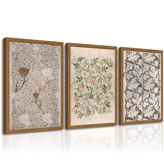 Vintage William Morris Wall Art Framed Decor Boho Floral Botanical Canvas Pictures Abstract Neutral Flower Prints Vintage Farmhouse Artwork Painting for Living Room Bedroom 12x16 Inch Set of 3
