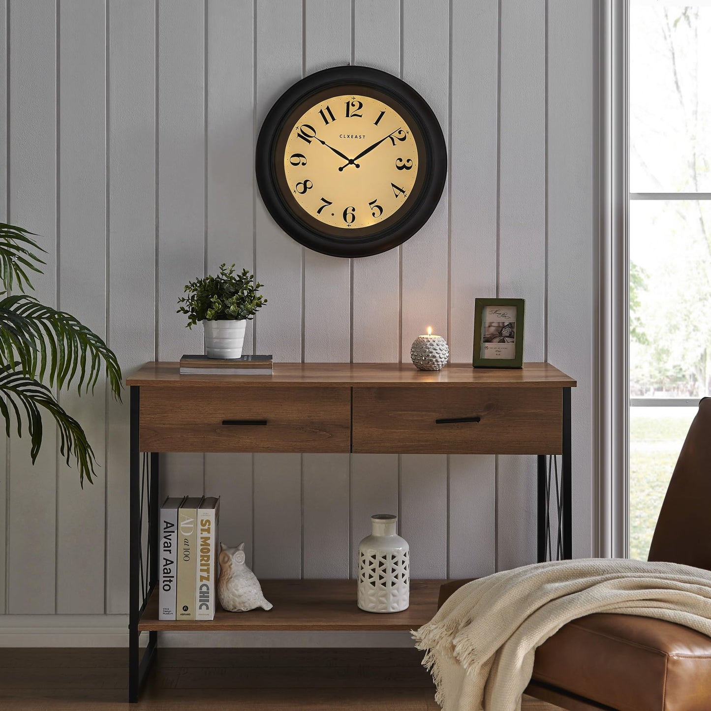 CLXEAST 18 Inch Large Illuminated Wall Clock with AI Smart Night Light Sensor,Modern Farmhouse Wall Clocks for Living Room,Bedroom, Kitchen, Home Office,Oil Rubbed Bronze Black
