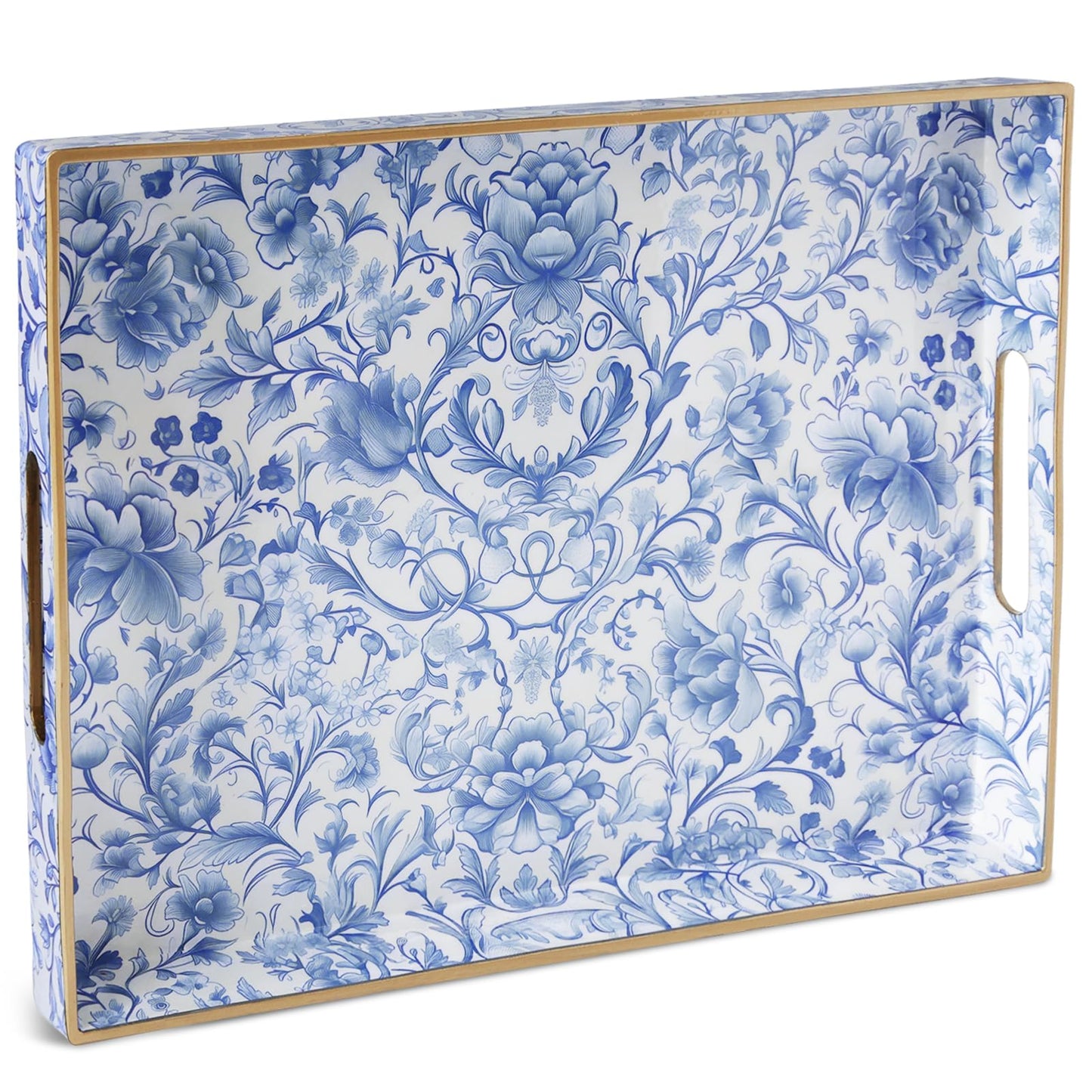 ORIGTRAY Serving Tray with Handles, Rectangular Plastic Tray 15.75x11.81 Inch, Blue and White Peony Chinese Porcelain Style Decorative Tray for Kitchen, Dining Table, Vanity, Office & Home
