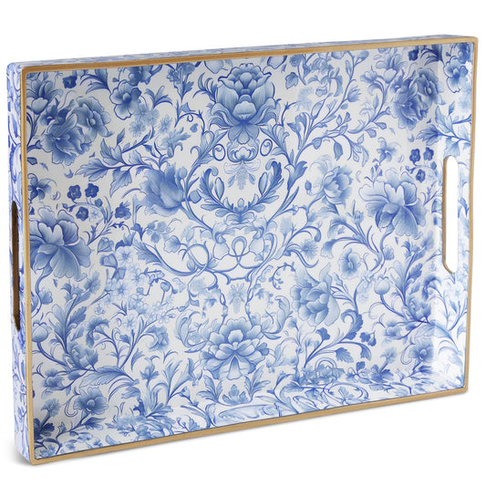 ORIGTRAY Serving Tray with Handles, Rectangular Plastic Tray 15.75x11.81 Inch, Blue and White Peony Chinese Porcelain Style Decorative Tray for Kitchen, Dining Table, Vanity, Office & Home
