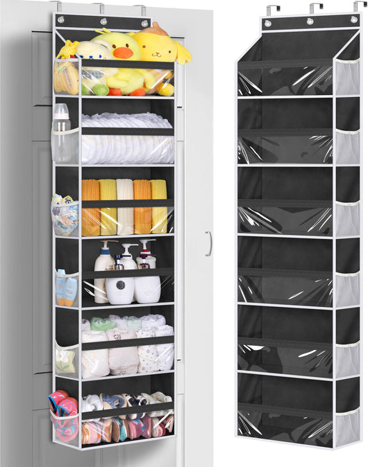 MISSLO Back of Door Storage Organizer Hanging with 6 Large Pockets 12 Side Pockets Closet Door Organizer Baby Organization for Bathroom, Pantry, Bedroom, Nursery, Clothes, Toys, Diapers, Black