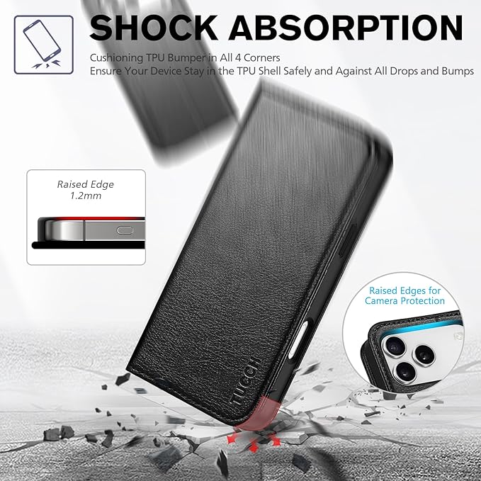 TUCCH Case Wallet for iPhone 17 Pro Max (6.9") 2025, RFID Blocking, 3 Card Holders, Kickstand, PU Leather, Protective Flip Folio Cover, TPU Shockproof Interior Shell, Textured Black
