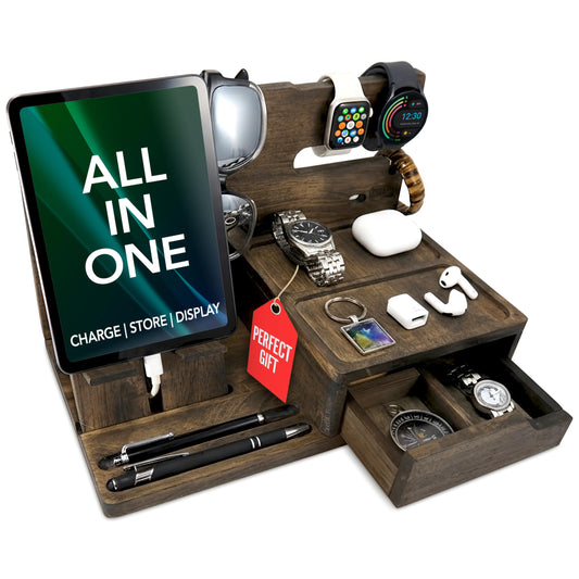 EcoLeafy Dot Nightstand Organizer- Phone Docking Station for Men- Unique Gifts for Husband, Father or Dad from Wife, Son or Daughter- Desk Organizer for Cellphone, Watches, Wallet and Key (Rustic)