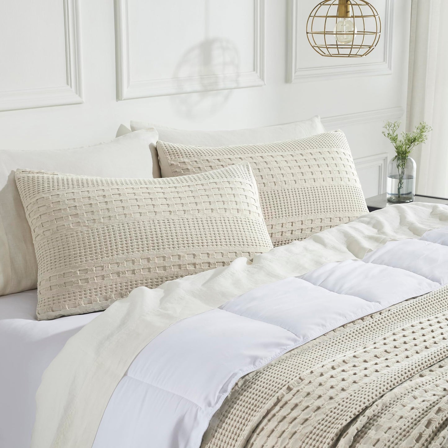 VHC Brands 100% Cotton Waffle Weave Natural King Size Sham Set of 2 20x36, Decorative Throw Pillow Covers/Shams, Boho Farmhouse Bedroom Decor