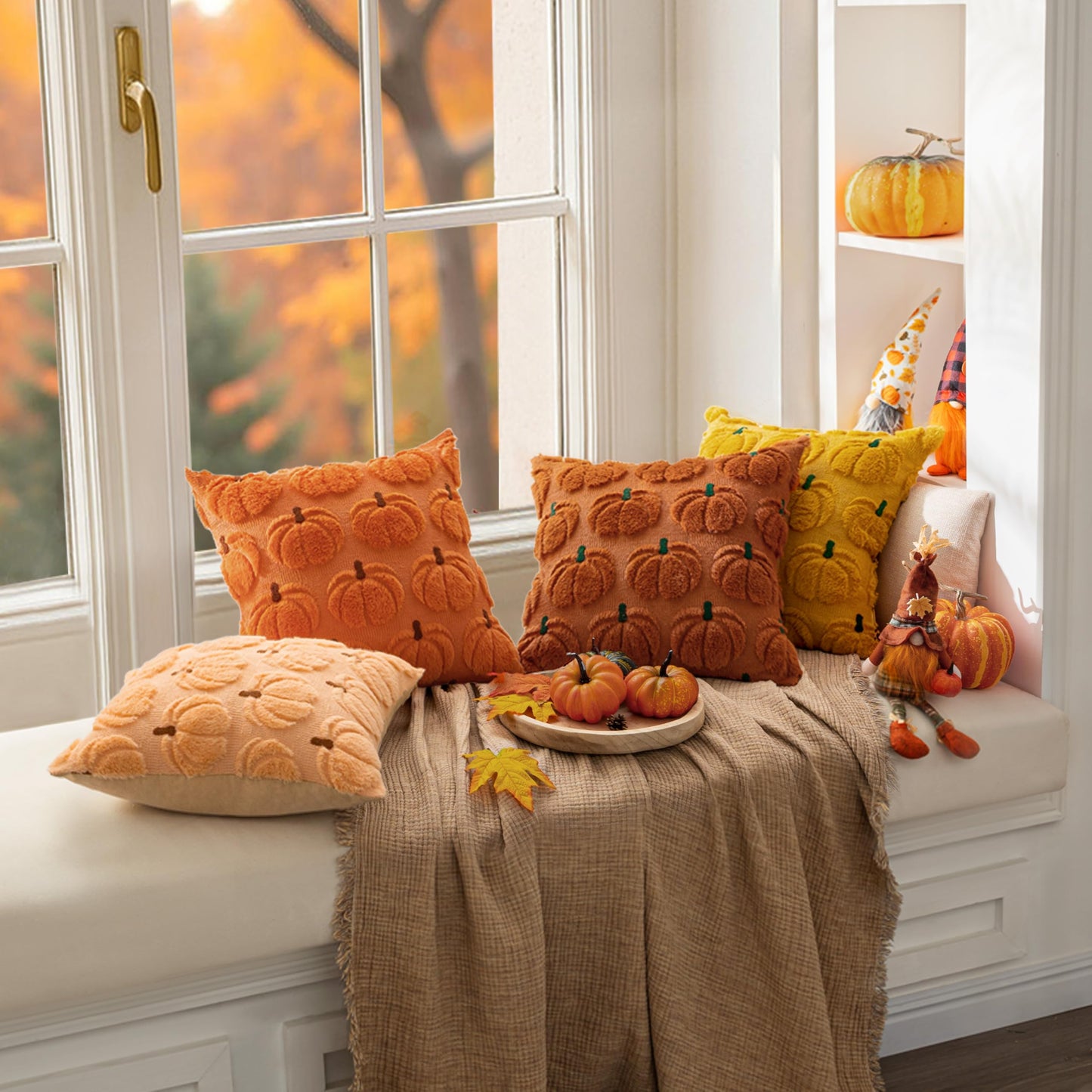 MIULEE Fall Pumpkin Throw Pillow Covers Decor Set of 2 Dark Rust Green Stem 20 x 20 Decorative Cushion Covers Soft Faux Fur Couch Pillows for Autumn Harvest Outdoor Porch Farmhouse Halloween Home