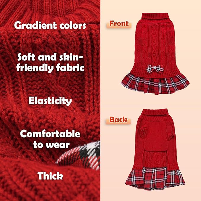 YUDODO 2 Pack Small Dog Sweater Dress with Bowtie Turtleneck - Knitted Pet Girl Dog Winter Clothes - Pet Warm Sweater for Puppy Yorkies, Chihuahua (S Red+Grey)