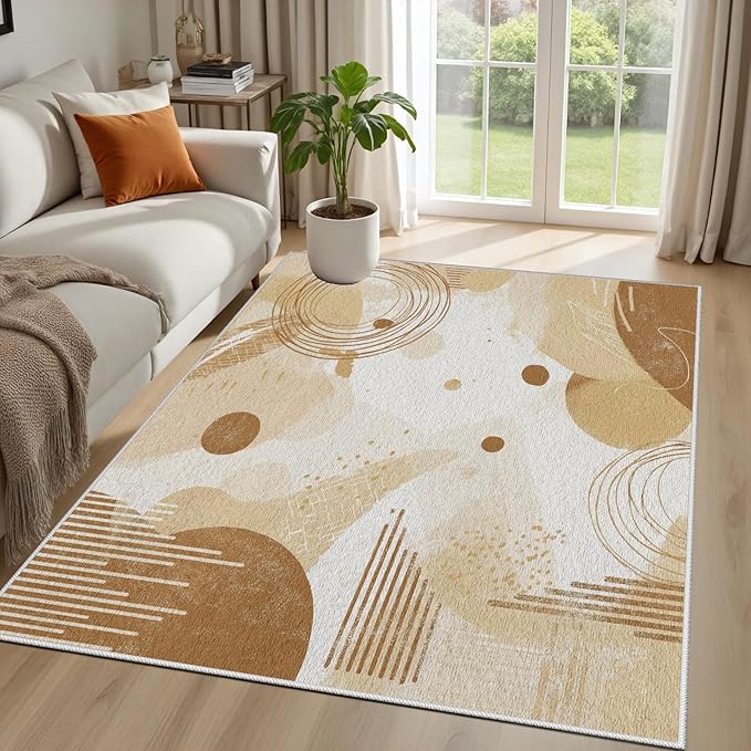 Minimalist Abstract Area Rug 7x10 Beige Boho, Modern Washable Geometric Art Carpet, Soft Non-Slip Low-Pile Carpet for Living Room, Bedroom, Kitchen, Dining Room, Pet Friendly, Non-Shedding, Brown