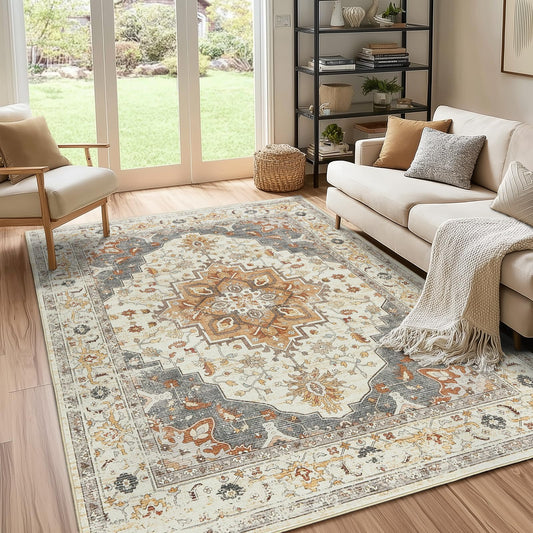 LAISE Vintage Bedroom Area Rug,5x7Washable Rug,Stain Resistant Anti Slip Backing Rugs for Living Room,Boho Area Rug for Bedroom,Dining Room,Office,Dorm,Kids Room,Home DecorC(Orange,5x7)