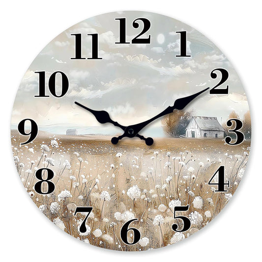 XFM Farmhouse Wall Clock Battery Operated 10 Inch Silent Non-Ticking Wooden Wall Clocks Country Flower Field Clock for Kitchen Living Room Bedroom Decor