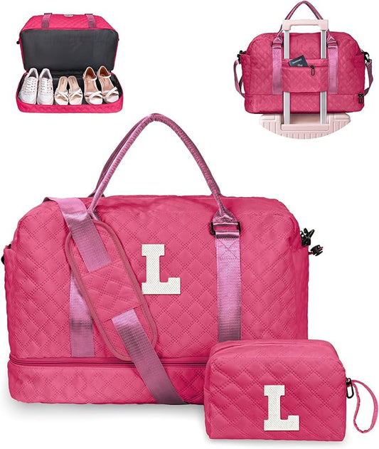 Vogewood Birthday Gifts for 3 4 5 6 7 8 9 10 11 12 13 Year Old Girls-Initial Travel Bag with Shoe Compartment, Weekender Bag, Overnight Bag for Women, Letter Travel Bag with Makeup Bag (Letter L)