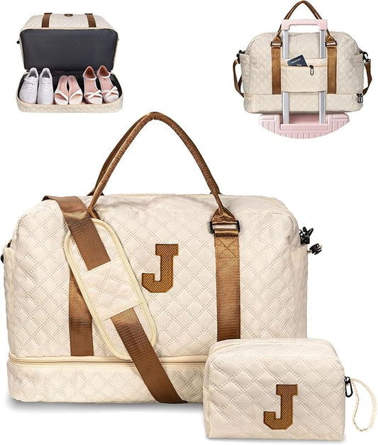 Vogewood Initial Duffle Bag with Shoe Compartment, Personalized Weekender Bag, Monogram Overnight Bag for Women with Trolley Sleeve & Wet Pocket, Letter Travel Bag with Makeup Bag (Letter J), Beige