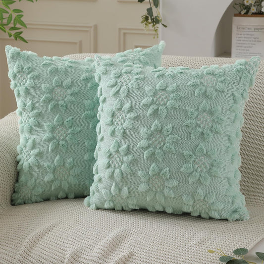 DFXSZ Spring Summer Pillow Covers 18x18 inch Set of 2 Farmhouse Decor White Flower Heart Sunflower Green Soft Plush Faux Fur Jacquard Throw Pillows for Sofa Holiday Spring Home Decor PTK024F18