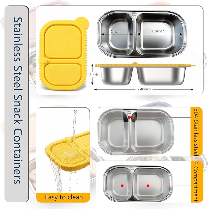 SHRONGZHI 304 Stainless Steel 2-Compartment Snack and Lunch Container with Easy-Open Silicone Lid, Built-In Utensil Clip, Leak-Proof and Stackable Design - Reusable Food Storage Box (SET B, 4 Pack)