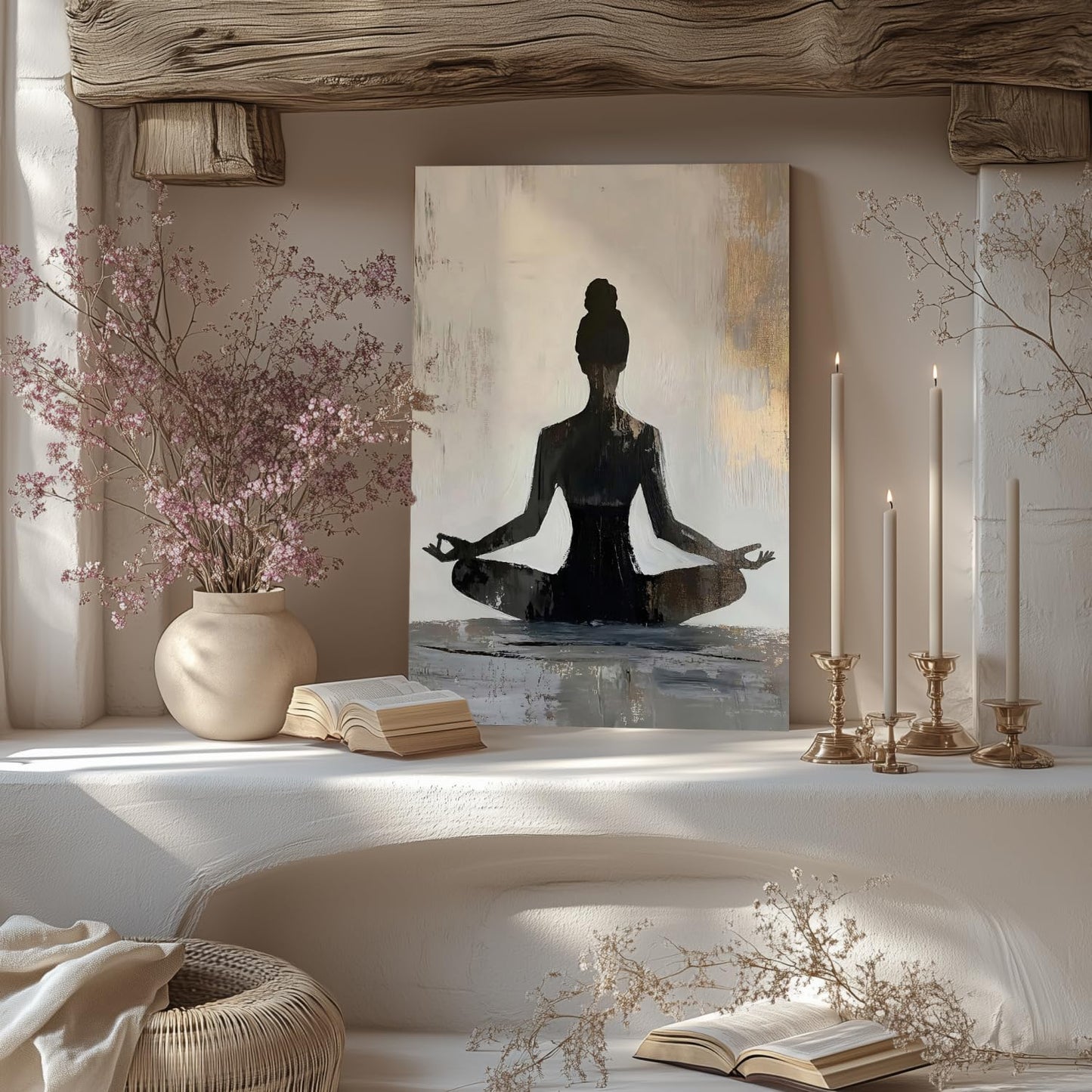 GELDSTEI Framed Zen Wall Art, Modern Yoga Girl Canvas Painting, Tranquil Meditation Wall Decor, Spiritual Aesthetic Picture, Calming Mindfulness Poster Prints for Living Room Spa Yoga Studio 12x16 Inch