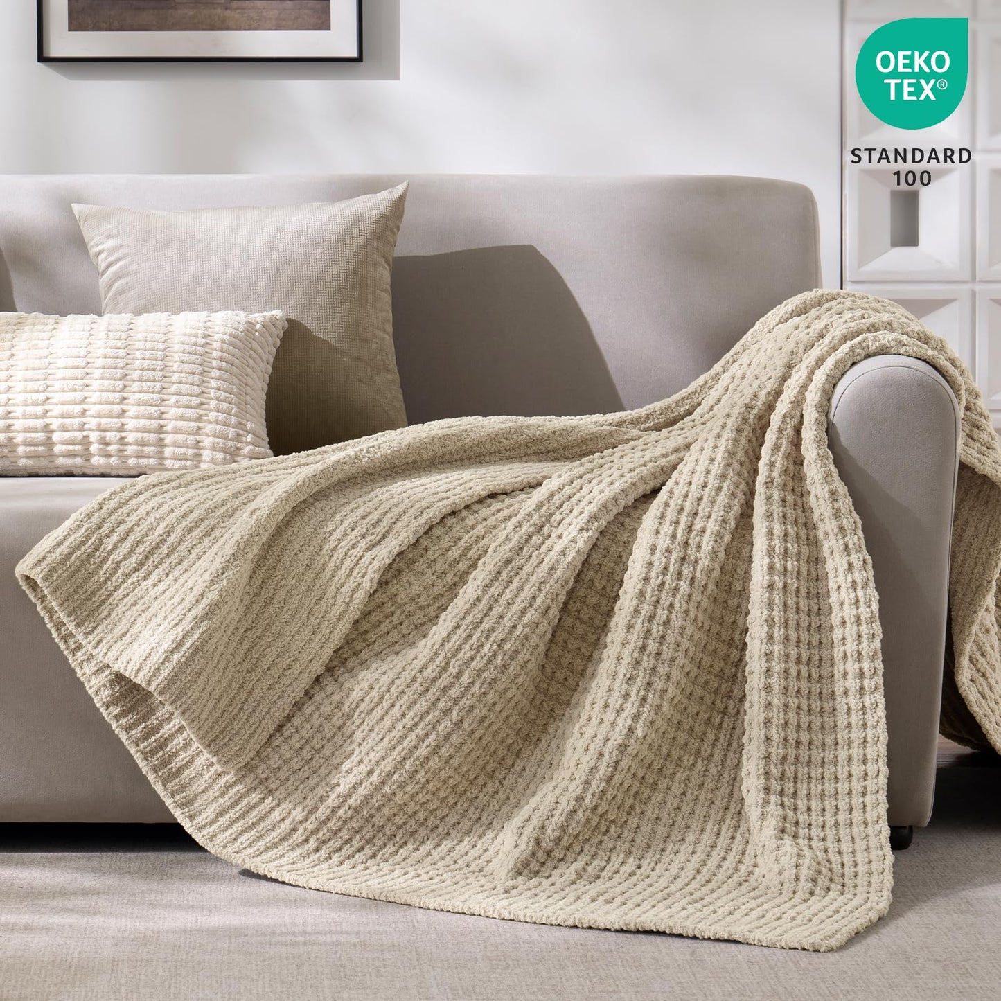 PHF Chenille Waffle Knit Blanket Twin Size- Plush Warm & Cozy 60" x 80" Ultra Soft Blanket- Chunky Fluffy Waffle Bedding for Home Decor - Natural