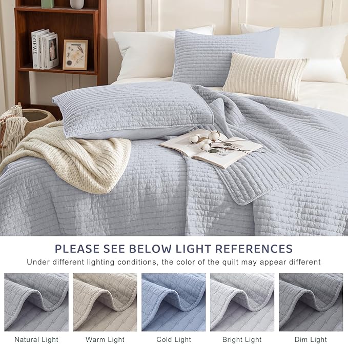 Sanracie Stonewashed Cotton Coverlet King Size(110"x98"), Cornflower Blue Cross Stitch Pattern Quilt Bedding Set 3Pcs Extra Soft Breathable Crinkle Quilted Bedspread Set for All Season