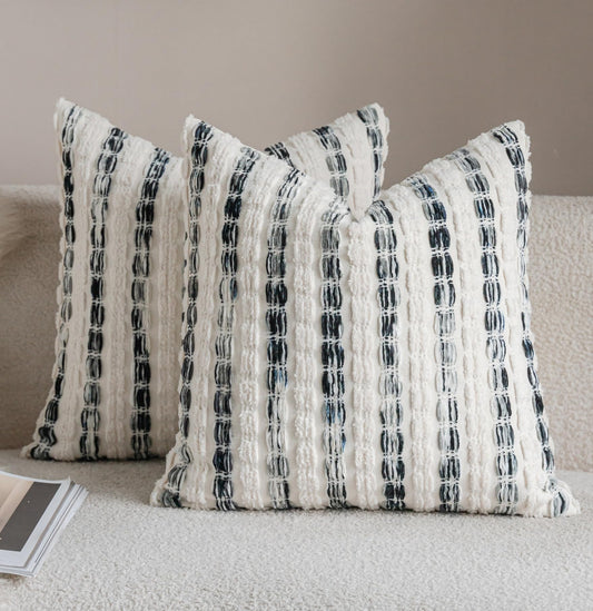 Caflife Boho Throw Pillow Covers 22x22 Inch Set of 2, Farmhouse Black Striped Textured Chenille Decorative Couch Pillow Cases, Rustic Accent Cushion Covers for Sofa Bed Living Room Bedroom