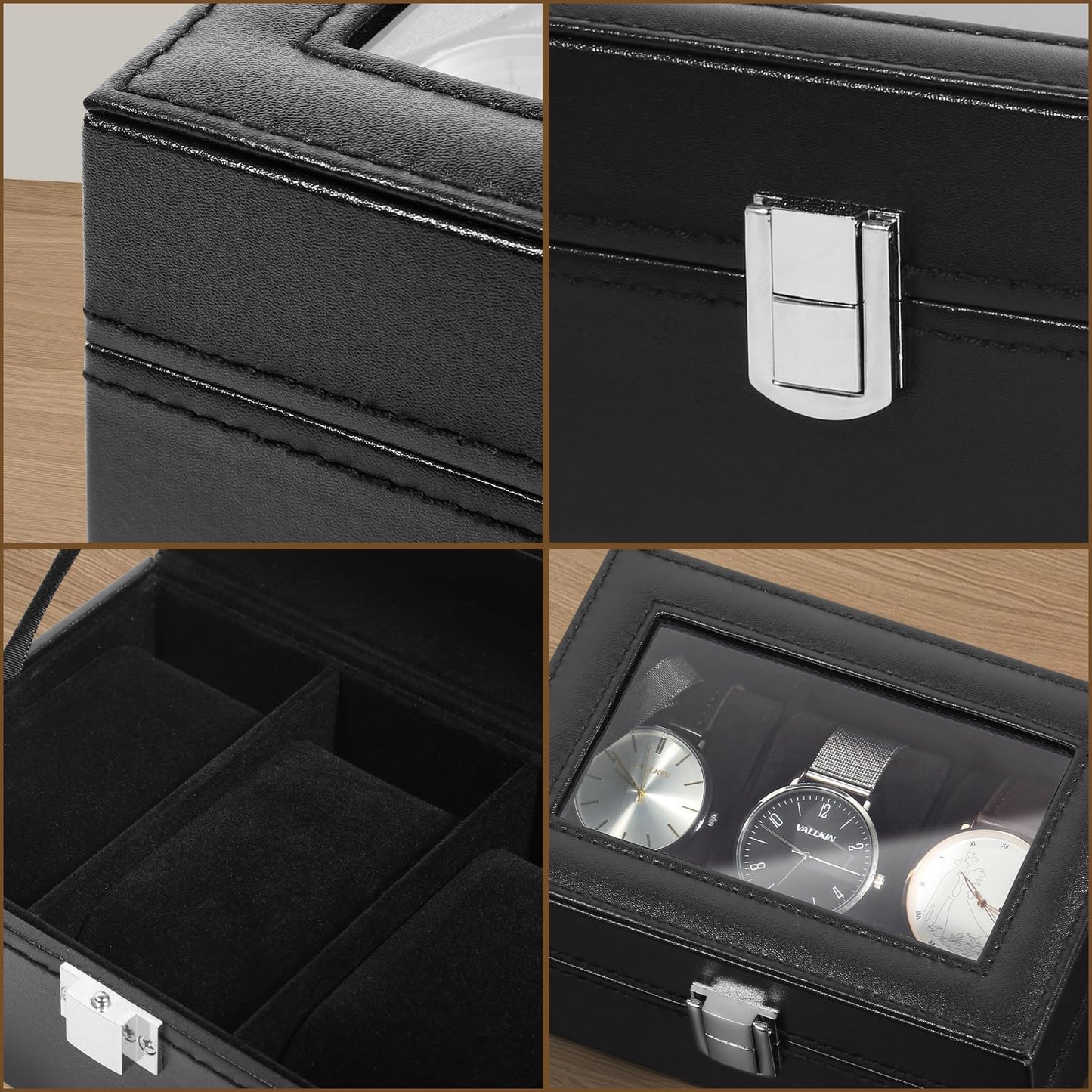 Uten 3-Slot Watch Box, PU Leather Watch Case with Glass Lid, Watch Holder Organizer with Soft Pillow and Velvet Lining, Watch and Jewelry Storage Box, Black